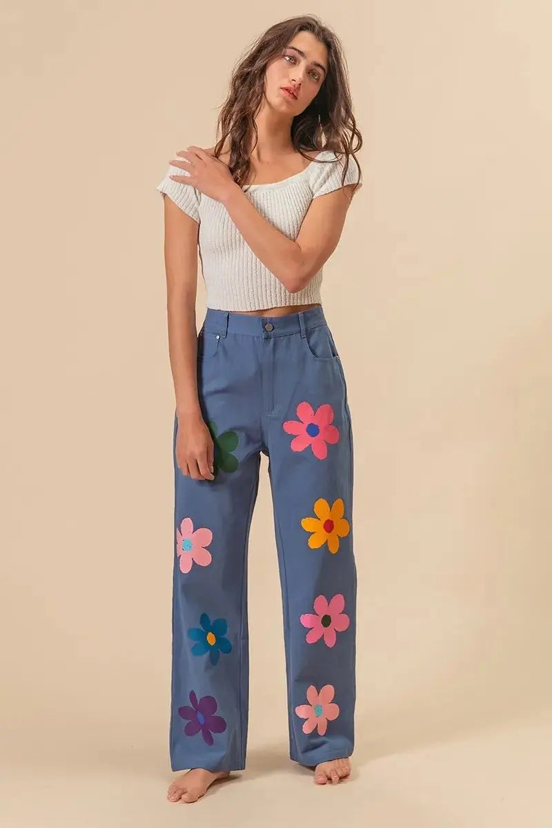 BiBi Flower Print Straight Legs Pants for Chic Style - Love Salve